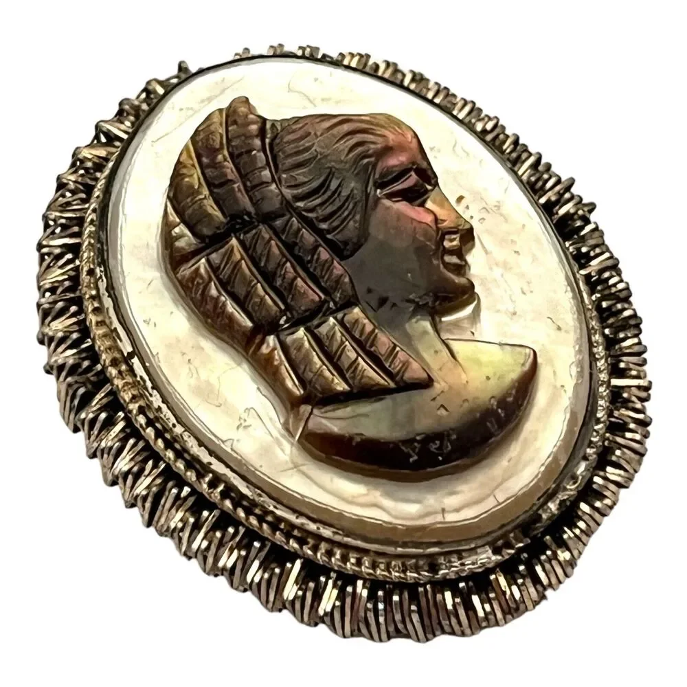 Vintage 1960s Cameo Brooch Pendant Abalone Shell Sterling Silver 925 - 8U